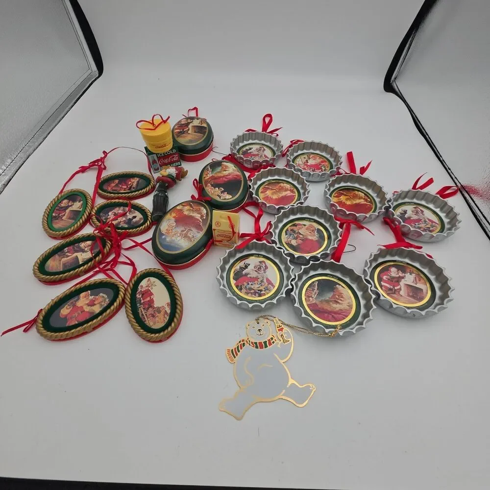 Lot of 23 Vintage Coca-Cola Christmas Ornaments Santa Bottle Cap Oval Coke Holid
